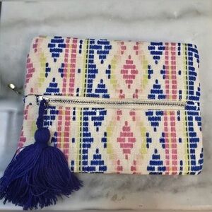 Katydid Blue and Pink Patterned Clutch bag with Tassel 7X8 NWT